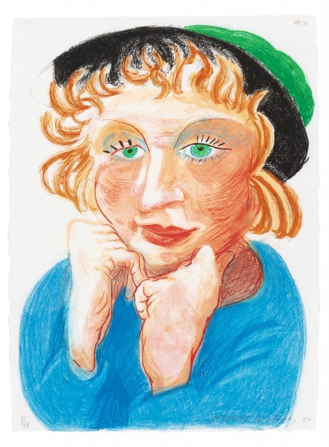 David Hockney, CELIA WITH GREEN HAT, Color lithograph, 1984. Lot 66. Auction Oct 26.   