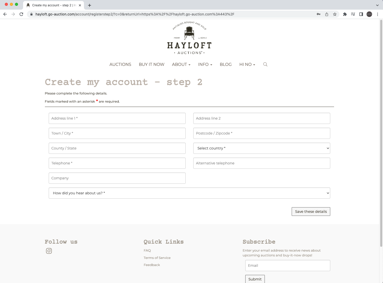 Screenshot of Account Creation Page 2 on Hayloft