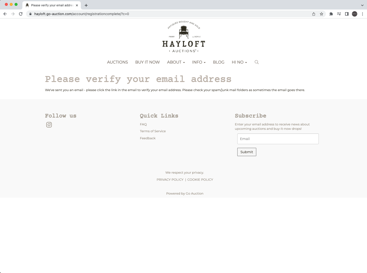 Screenshot of Email Verification Message on Hayloft