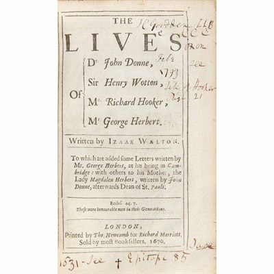 Lot 118 - WALTON, IZAAK The Lives of Dr John Donne, Sir...
