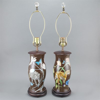 Lot 215 - Pair of Tiger Decorated Lamps Height 13 inches.