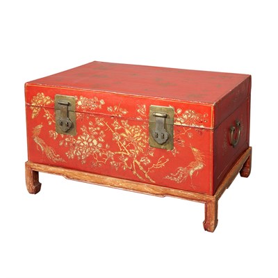 Lot 204 - Chinese Red Painted Leather Trunk on Stand...