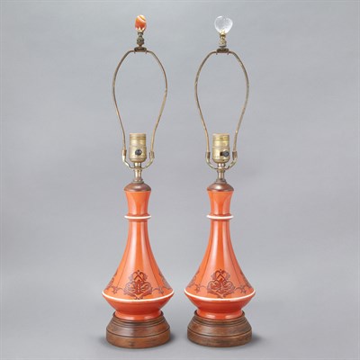 Lot 240 - Pair of Red and Orange Porcelain Lamps Height...