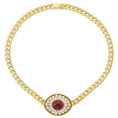 Lot 277 - Gold, Cabochon Ruby and Diamond Curb Link Chain Necklace