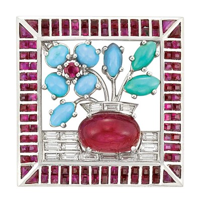 Lot 412 - Platinum, Cabochon Ruby, Ruby, Turquoise and Diamond Clip-Brooch