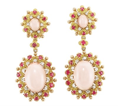 Lot 282 - Pair of Gold, Angel Skin Coral, Ruby and Diamond Pendant-Earclips