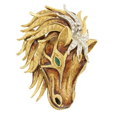Lot 16 - Gold, Enamel, Diamond and Emerald Horse Head Clip-Brooch, Hammerman Bros.