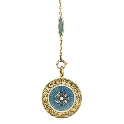 Lot 315 - Antique Gold, Platinum, Blue Guilloche Enamel and Diamond Pendant-Watch Chain Necklace
