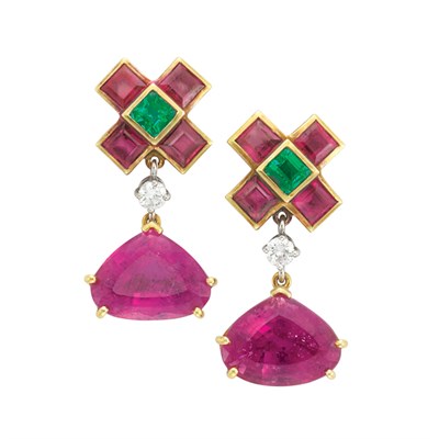 Lot 215 - Pair of Gold, Platinum, Rubellite, Emerald, Diamond and Pink Tourmaline Pendant-Earrings, Tiffany & Co., Paloma Picasso