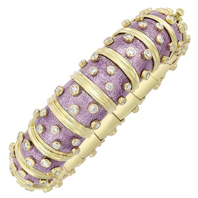 Lot 370 - Gold, Lavender Paillonne Enamel and Diamond Bangle Bracelet, Tiffany & Co., Schlumberger, France