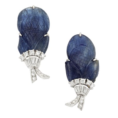 Lot 409 - Pair of Platinum, Carved Sapphire and Diamond Earclips