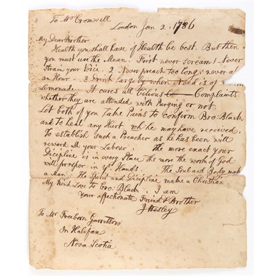 Lot 23 - [METHODISM - WESLEY, JOHN] Letter to American...