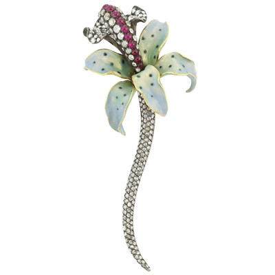 Lot 372 - Gold, Silver, Diamond, Cabochon Ruby and Enamel Flower Clip-Brooch