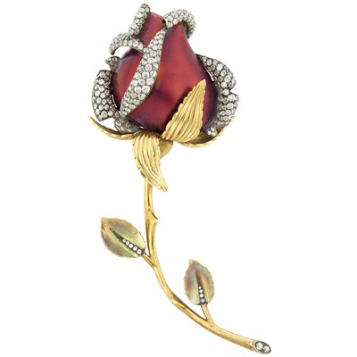 Lot 371 - Gold, Silver, Enamel and Diamond Flower Clip-Brooch