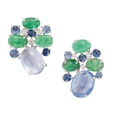 Lot 87 - Pair of Platinum, Cabochon Sapphire and Emerald and Diamond Cluster Earclips