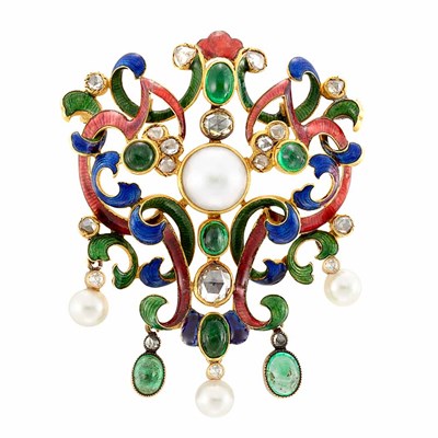 Lot 73 - Gold, Enamel, Diamond, Cabochon Emerald, Freshwater and Cultured Pearl Brooch
