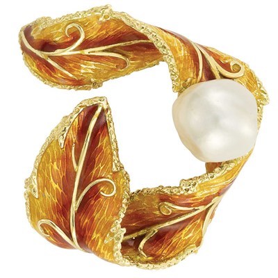 Lot 12 - Gold, Semi-Baroque South Sea Cultured Pearl and Enamel Ribbon Brooch, Cellino