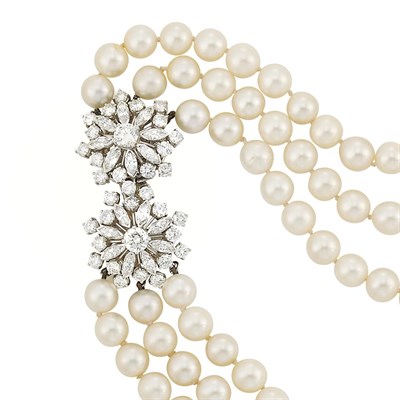 Lot 262 - Long Triple Strand Cultured Pearl Necklace with Diamond Clasp