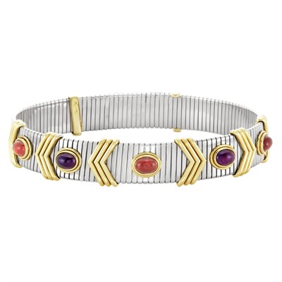 Lot 200 - Stainless Steel, Gold and Cabochon Colored Stone 'Tubogas' Choker Necklace, Bulgari