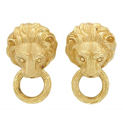 Lot 174 - Pair of Gold Lion Head Hoop Earclips, Van Cleef & Arpels