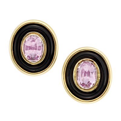 Lot 196 - Pair of Gold, Pink Tourmaline and Black Onyx Earclips