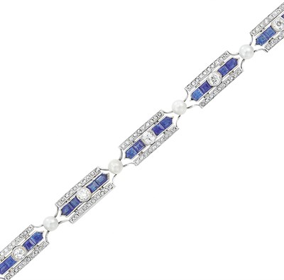 Lot 330 - Platinum, Diamond, Sapphire and Pearl Bracelet, France