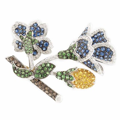 Lot 437 - White Gold, Sapphire, Yellow Sapphire, Green Garnet and Diamond Flower Brooch