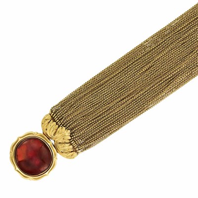 Lot 108 - Antique Multistrand Gold Bead, Gold and Foiled-Back Cabochon Garnet Bracelet