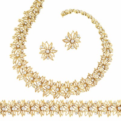 Lot 375 - Gold, Platinum and Diamond Necklace, Bracelet and Pair of Earclips, Cartier, Paris