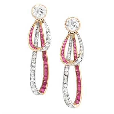 Lot 307 - Pair of Gold, Platinum, Diamond and Ruby Pendant-Earrings