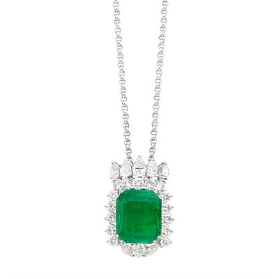 Lot 393 - Platinum, Emerald and Diamond Pendant with White Gold Chain