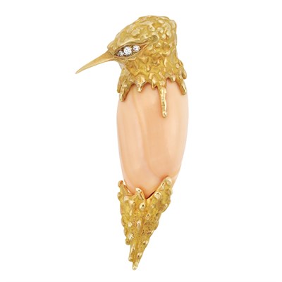 Lot 289 - Gold, Angel Skin Coral and Diamond Bird Clip-Brooch, Sterle, France