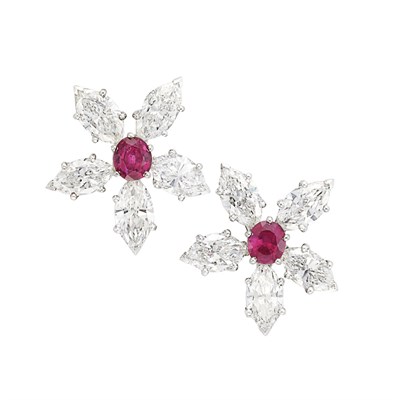 Lot 332 - Pair of Platinum, Ruby and Diamond Earrings