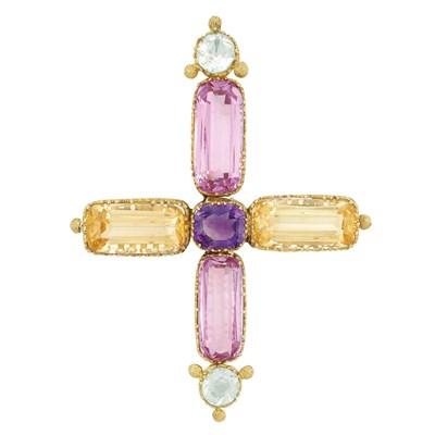 Lot 310 - Antique Gold, Pink and Yellow Topaz, Amethyst and Aquamarine Cross Pendant