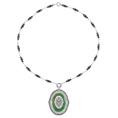 Lot 121 - Platinum, White Gold, Black Onyx and Pearl Chain with Carved Jade, Enamel and Diamond Pendant-Watch