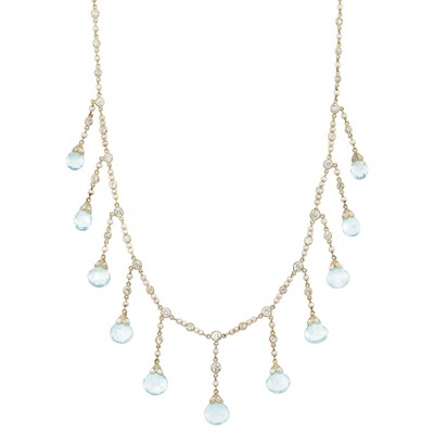 Lot 649 - Antique Gold, Seed Pearl, Diamond and Aquamarine Briolette Fringe Necklace