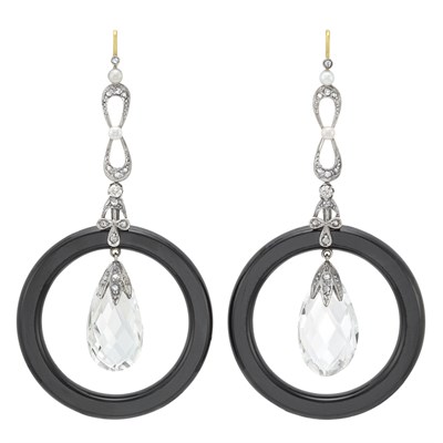 Lot 101 - Pair of Gold, Platinum, Diamond, Seed Pearl, Black Onyx and Rock Crystal Briolette Pendant-Earrings