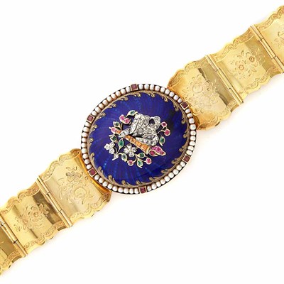 Lot 75 - Antique Gold, Enamel, Diamond, Gem-Set and Seed Pearl Bracelet