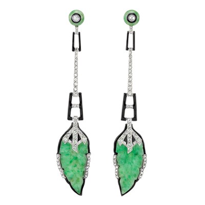 Lot 111 - Pair of Art Deco Platinum, Carved Jade, Black Enamel and Diamond Pendant-Earrings