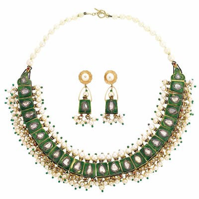 Lot 302 - Indian Gold, Cultured Pearl, Foiled-Back Diamond, Enamel and Jaipur Enamel Necklace and Pair of Pendant-Earclips
