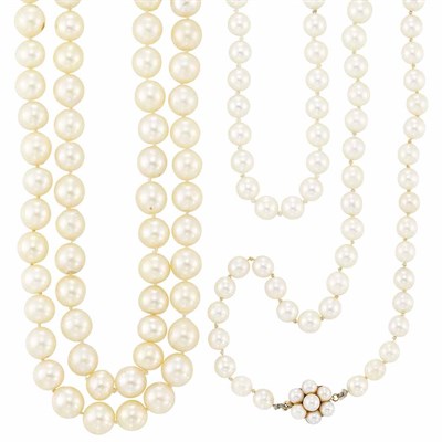 Lot 605 - Long Cultured Pearl Necklace and Two Cultured Pearl Necklaces