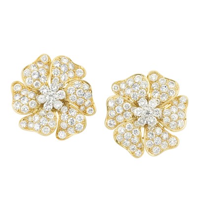 Lot 345 - Pair of Gold and Diamond Flower Earclips