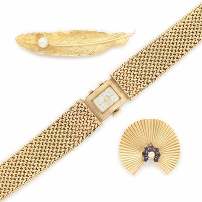 Lot 153 - Gold Mesh Wristwatch and Two Brooches