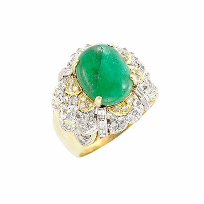 Lot 699 - Gold, Cabochon Emerald and Diamond Ring