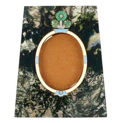 Lot 114 - Art Deco Moss Agate, Enamel, Carved Jade and Diamond Picture Frame