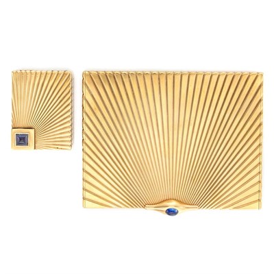 Lot 415 - Low Karat Gold and Cabochon Sapphire Box and Lighter, Cartier