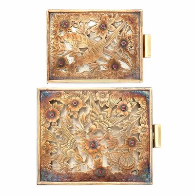 Lot 943 - Sterling Silver, Gold and Cabochon Ruby Case and Compact, Boucheron, France