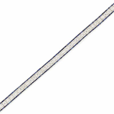 Lot 114 - Platinum, Diamond and Simulated Sapphire Straightline Bracelet