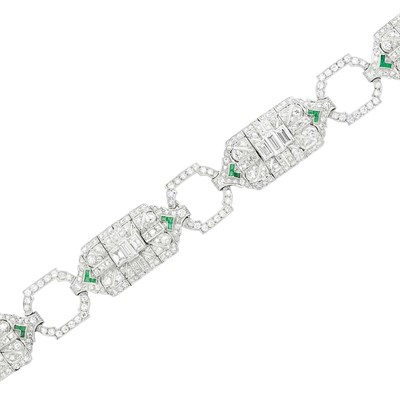 Lot 416 - Platinum, Diamond and Emerald Bracelet