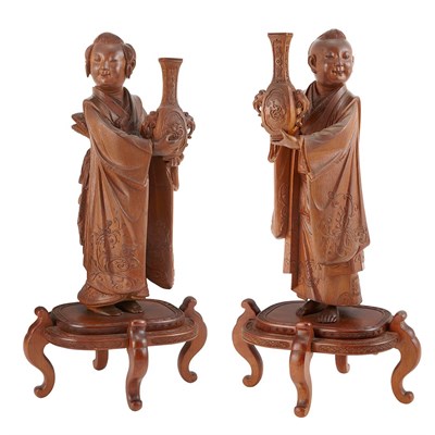 Lot 334 - Pair of Japanese Carved Wood Figures of a Boy...